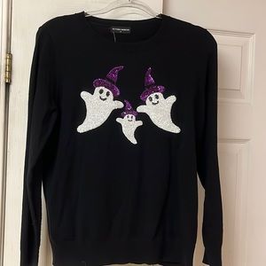 Black Halloween Sweater with White Sequined Ghosts and Purple Sequined Hats
